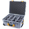 Pelican 1560 Case, Silver with Yellow Handles & Latches Gray Padded Microfiber Dividers with Convolute Lid Foam ColorCase 015600-0070-180-240
