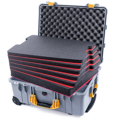 Pelican 1560 Case, Silver with Yellow Handles & Latches Custom Tool Kit (6 Foam Inserts with Convolute Lid Foam) ColorCase 015600-0060-180-240