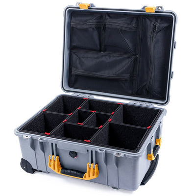 Pelican 1560 Case, Silver with Yellow Handles & Latches TrekPak Divider System with Mesh Lid Organizer ColorCase 015600-0120-180-240