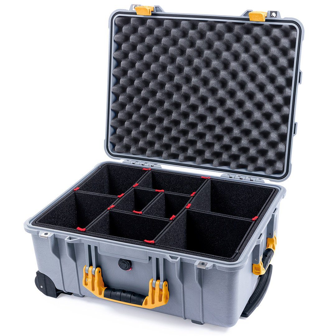 Pelican 1560 Case, Silver with Yellow Handles &amp; Latches TrekPak Divider System with Convolute Lid Foam ColorCase 015600-0020-180-240