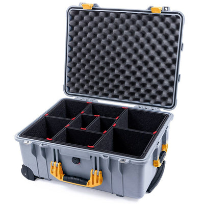 Pelican 1560 Case, Silver with Yellow Handles & Latches TrekPak Divider System with Convolute Lid Foam ColorCase 015600-0020-180-240