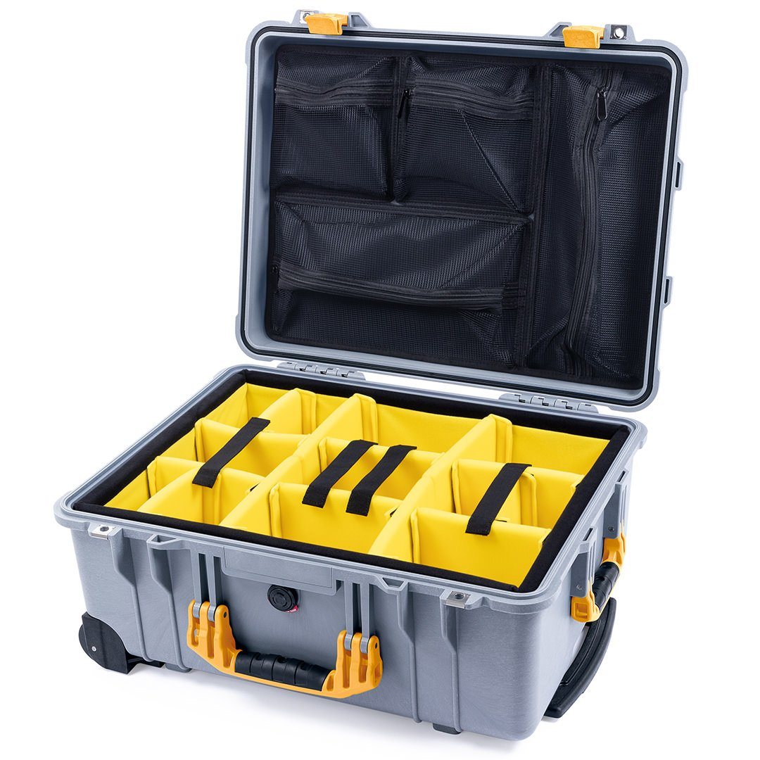 Pelican 1560 Case, Silver with Yellow Handles &amp; Latches Yellow Padded Microfiber Dividers with Mesh Lid Organizer ColorCase 015600-0110-180-240