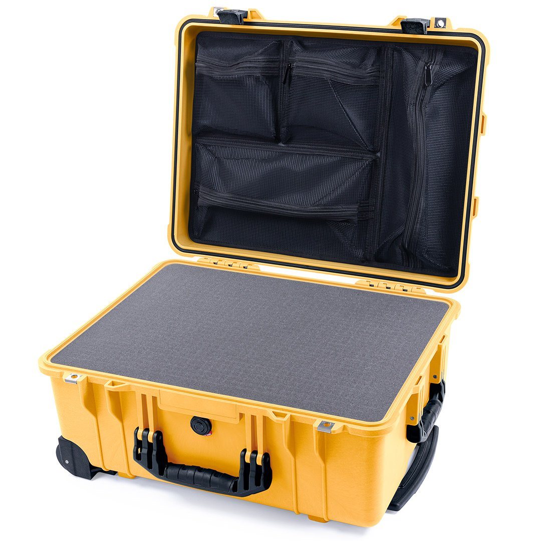 Pelican 1560 Case, Yellow with Black Handles &amp; Latches Pick &amp; Pluck Foam with Mesh Lid Organizer ColorCase 015600-0101-240-110