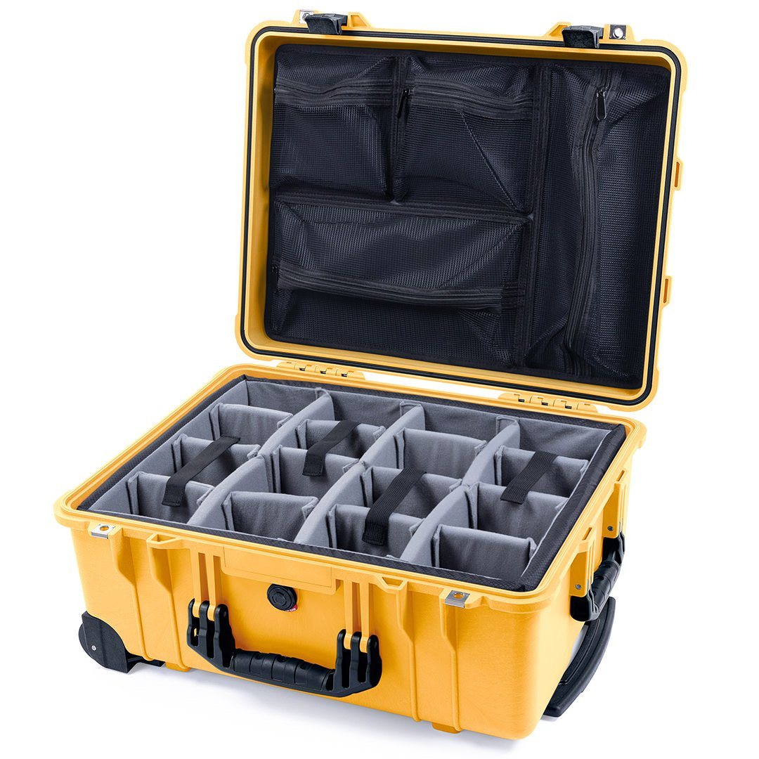 Pelican 1560 Case, Yellow with Black Handles &amp; Latches Gray Padded Microfiber Dividers with Mesh Lid Organizer ColorCase 015600-0170-240-110