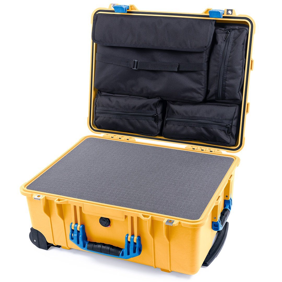 Pelican 1560 Case, Yellow with Blue Handles &amp; Latches Pick &amp; Pluck Foam with Computer Pouch ColorCase 015600-0201-240-120