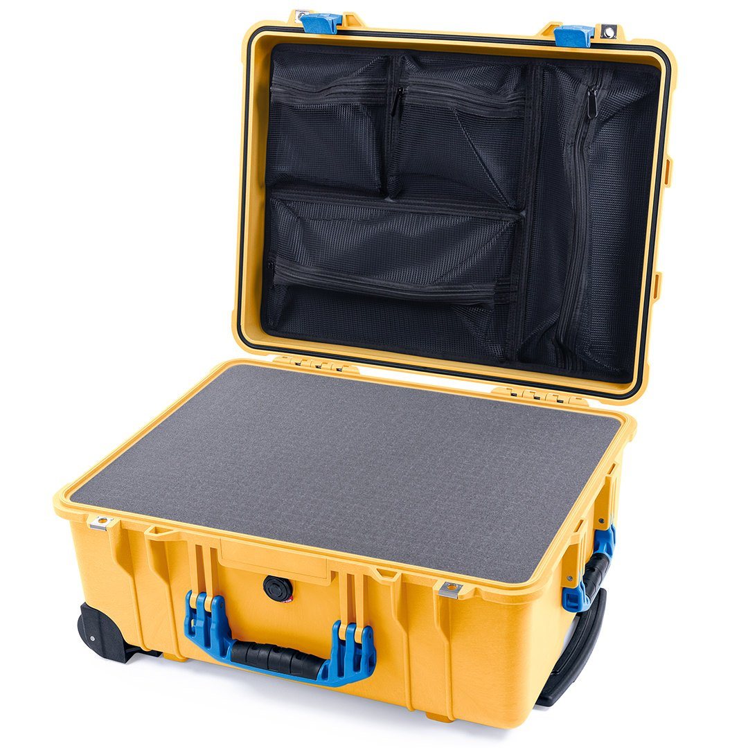 Pelican 1560 Case, Yellow with Blue Handles &amp; Latches Pick &amp; Pluck Foam with Mesh Lid Organizer ColorCase 015600-0101-240-120