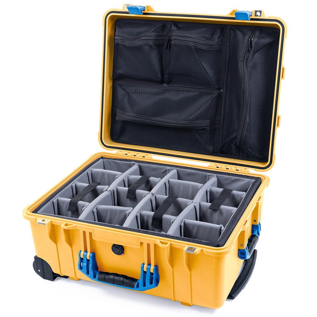 Pelican 1560 Case, Yellow with Blue Handles &amp; Latches Gray Padded Microfiber Dividers with Mesh Lid Organizer ColorCase 015600-0170-240-120