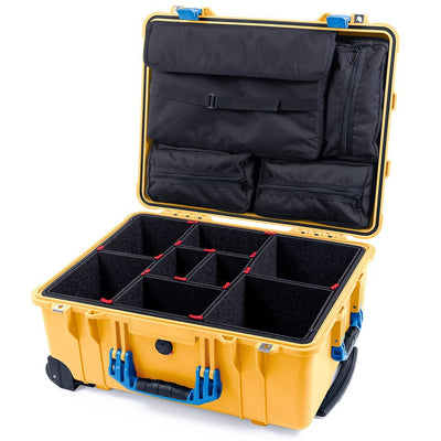 Pelican 1560 Case, Yellow with Blue Handles & Latches TrekPak Divider System with Computer Pouch ColorCase 015600-0220-240-120