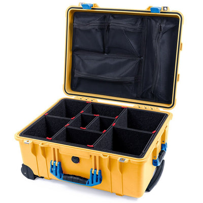 Pelican 1560 Case, Yellow with Blue Handles & Latches TrekPak Divider System with Mesh Lid Organizer ColorCase 015600-0120-240-120