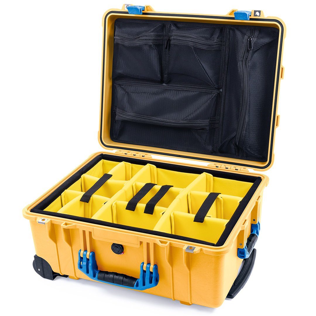 Pelican 1560 Case, Yellow with Blue Handles &amp; Latches Yellow Padded Microfiber Dividers with Mesh Lid Organizer ColorCase 015600-0110-240-120