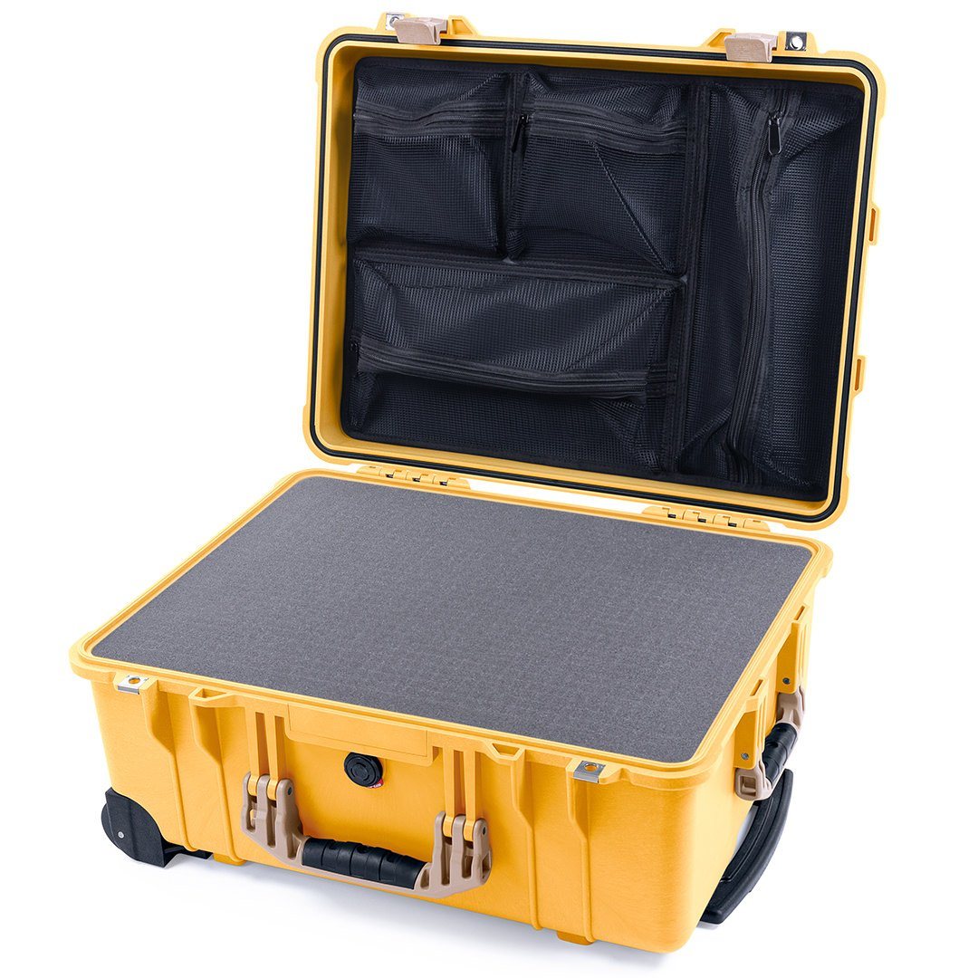 Pelican 1560 Case, Yellow with Desert Tan Handles &amp; Latches Pick &amp; Pluck Foam with Mesh Lid Organizer ColorCase 015600-0101-240-310
