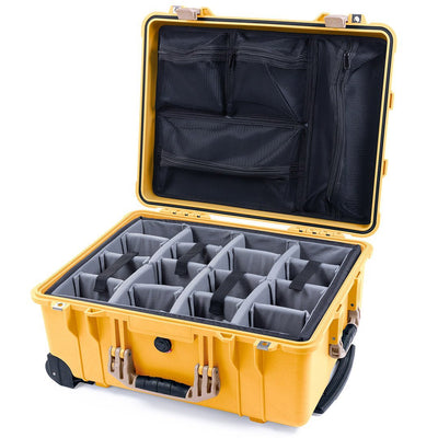 Pelican 1560 Case, Yellow with Desert Tan Handles & Latches Gray Padded Microfiber Dividers with Mesh Lid Organizer ColorCase 015600-0170-240-310