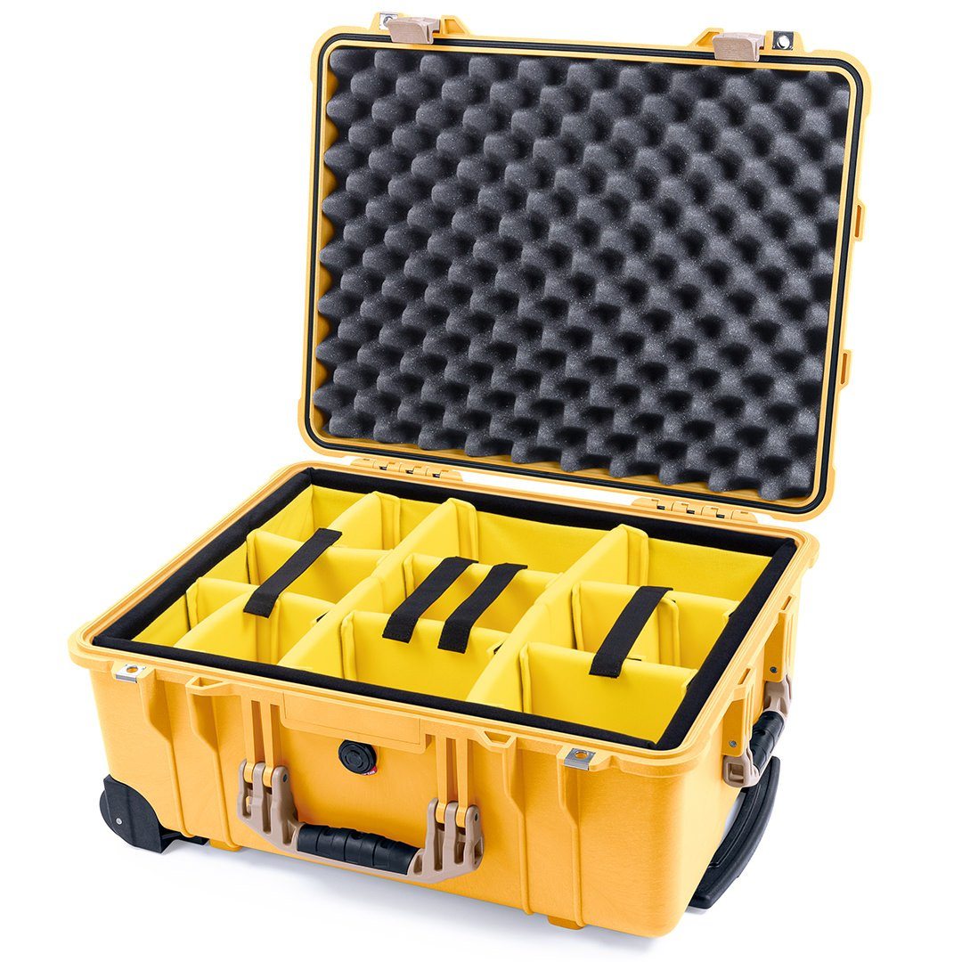 Pelican 1560 Case, Yellow with Desert Tan Handles &amp; Latches Yellow Padded Microfiber Dividers with Convolute Lid Foam ColorCase 015600-0010-240-310