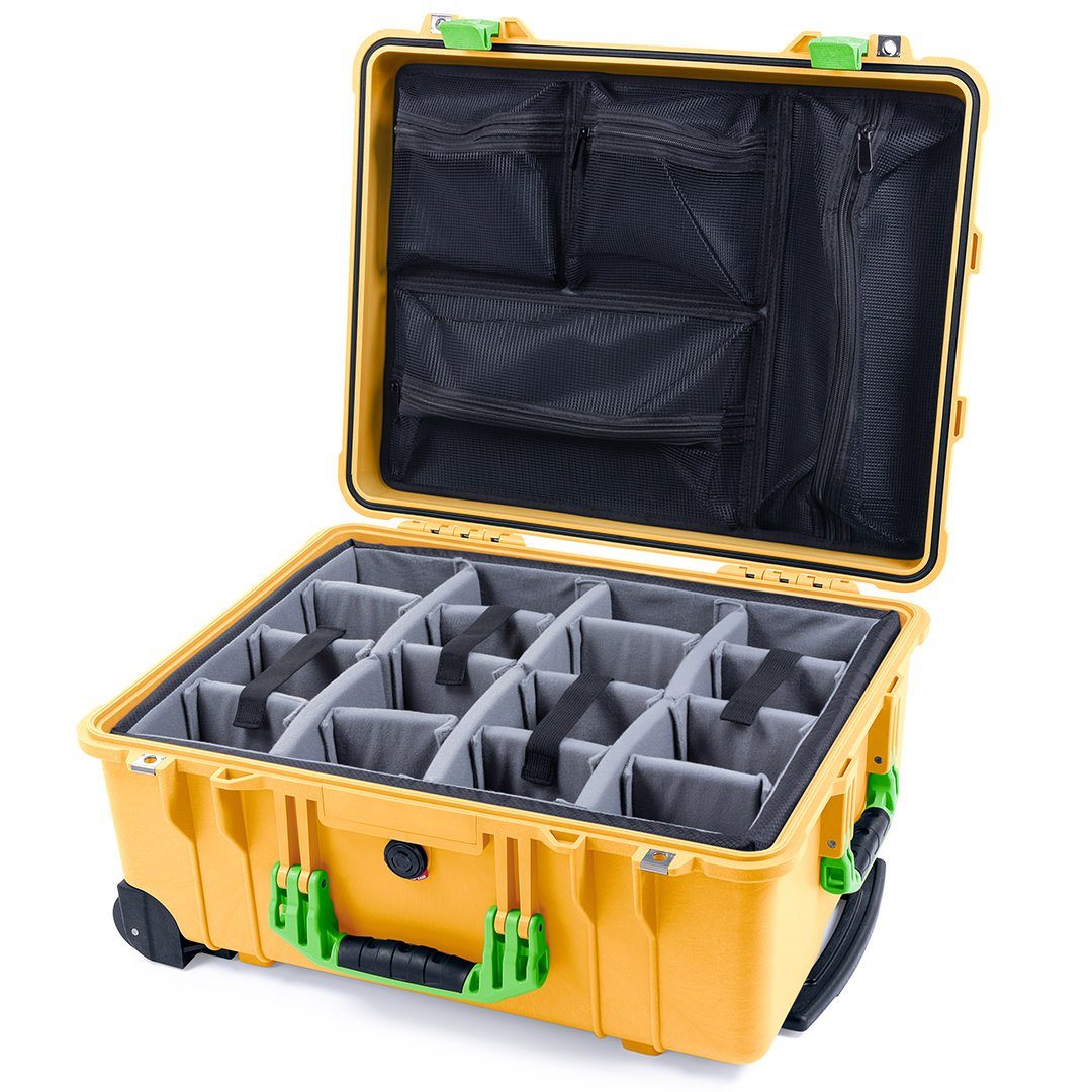 Pelican 1560 Case, Yellow with Lime Green Handles &amp; Latches Gray Padded Microfiber Dividers with Mesh Lid Organizer ColorCase 015600-0170-240-300