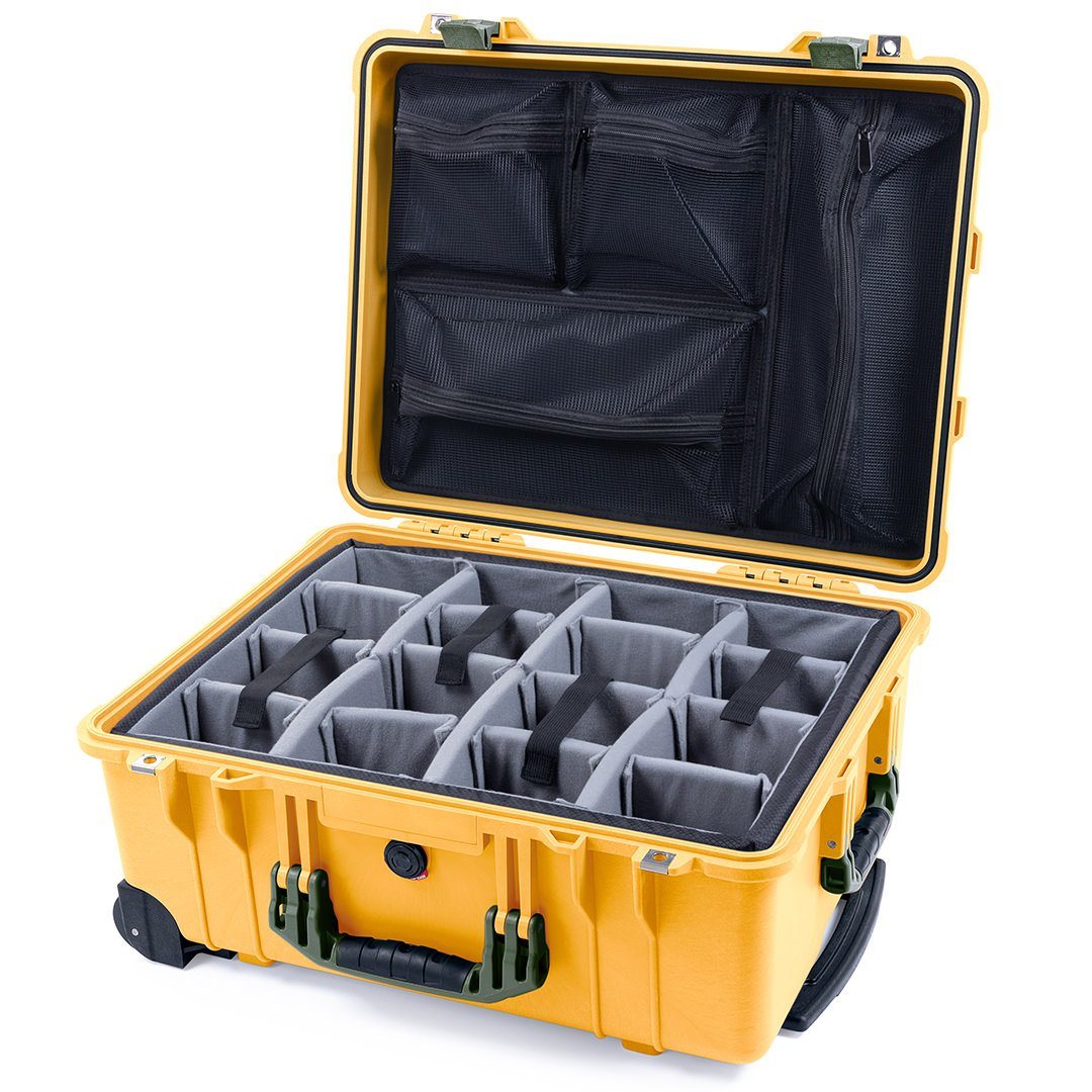 Pelican 1560 Case, Yellow with OD Green Handles &amp; Latches Gray Padded Microfiber Dividers with Mesh Lid Organizer ColorCase 015600-0170-240-130
