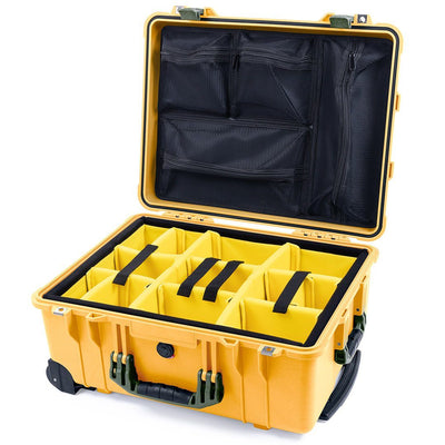 Pelican 1560 Case, Yellow with OD Green Handles & Latches Yellow Padded Microfiber Dividers with Mesh Lid Organizer ColorCase 015600-0110-240-130