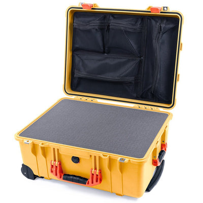 Pelican 1560 Case, Yellow with Orange Handles & Latches Pick & Pluck Foam with Mesh Lid Organizer ColorCase 015600-0101-240-150