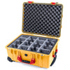Pelican 1560 Case, Yellow with Red Handles & Latches Gray Padded Microfiber Dividers with Convolute Lid Foam ColorCase 015600-0070-240-320