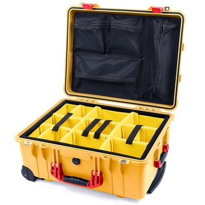 Pelican 1560 Case, Yellow with Red Handles & Latches Yellow Padded Microfiber Dividers with Mesh Lid Organizer ColorCase 015600-0110-240-320