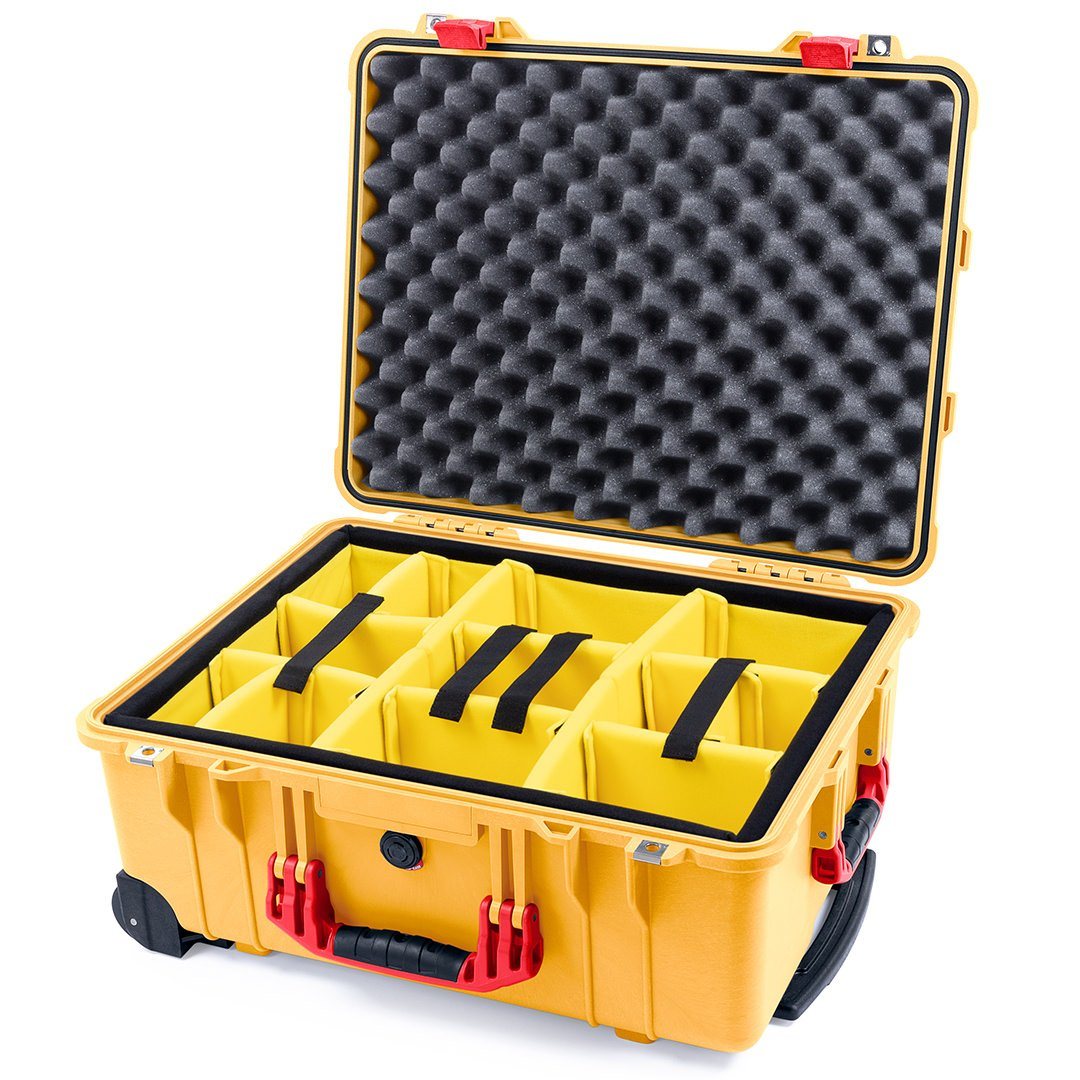 Pelican 1560 Case, Yellow with Red Handles &amp; Latches Yellow Padded Microfiber Dividers with Convolute Lid Foam ColorCase 015600-0010-240-320