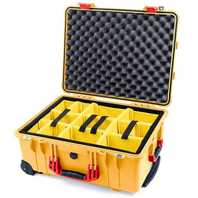 Pelican 1560 Case, Yellow with Red Handles & Latches Yellow Padded Microfiber Dividers with Convolute Lid Foam ColorCase 015600-0010-240-320