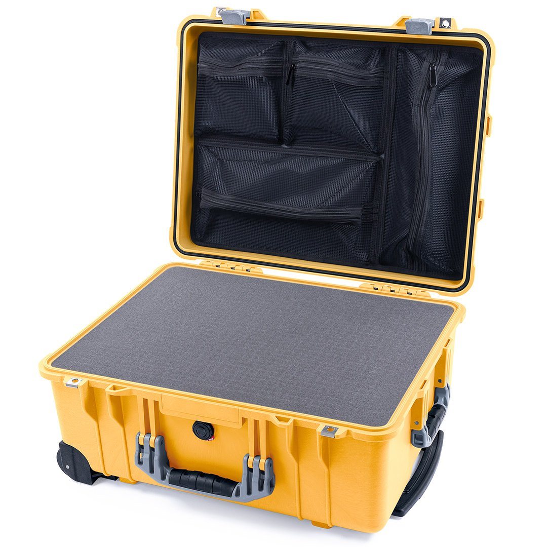 Pelican 1560 Case, Yellow with Silver Handles &amp; Latches Pick &amp; Pluck Foam with Mesh Lid Organizer ColorCase 015600-0101-240-180