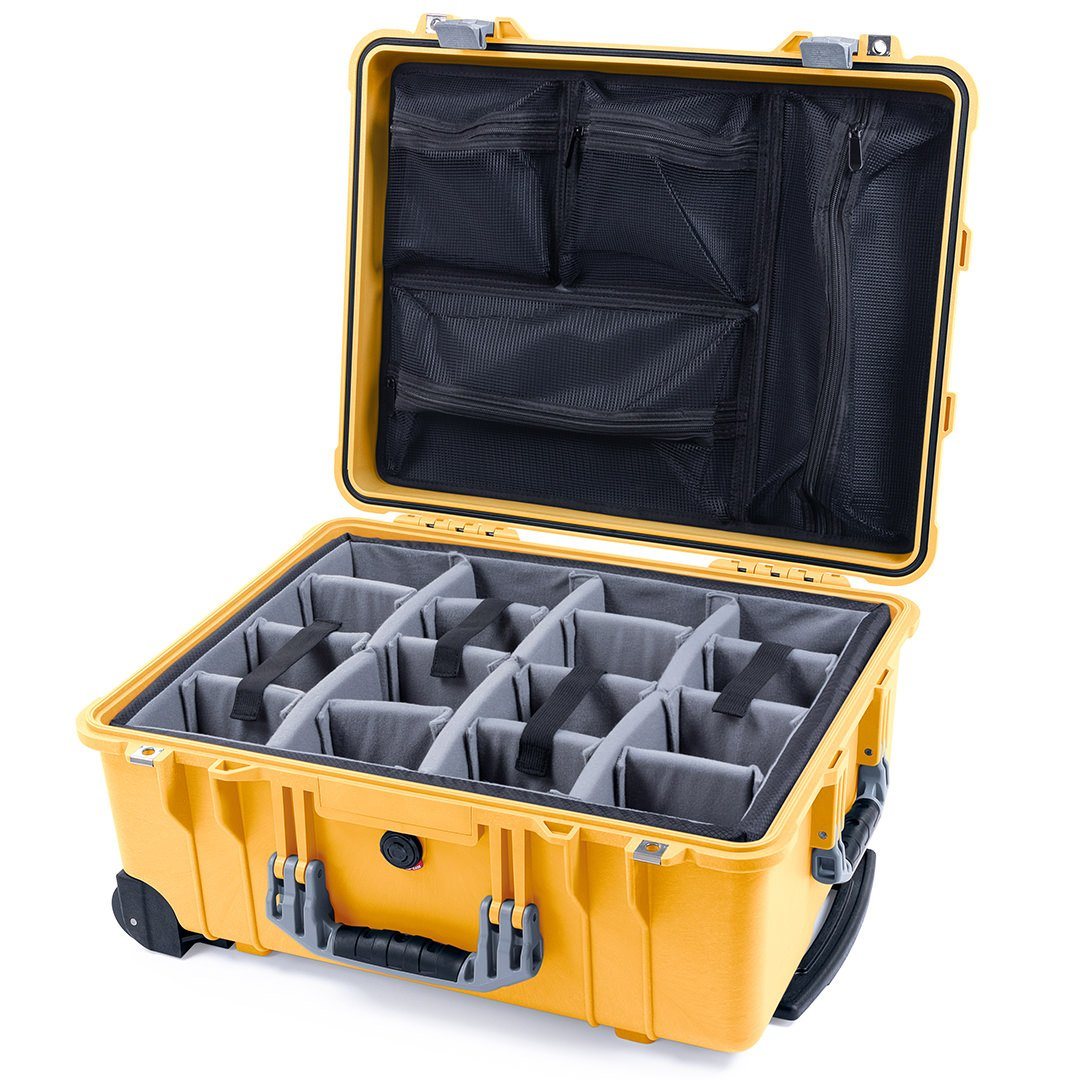Pelican 1560 Case, Yellow with Silver Handles &amp; Latches Gray Padded Microfiber Dividers with Mesh Lid Organizer ColorCase 015600-0170-240-180