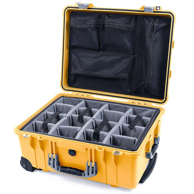 Pelican 1560 Case, Yellow with Silver Handles & Latches Gray Padded Microfiber Dividers with Mesh Lid Organizer ColorCase 015600-0170-240-180