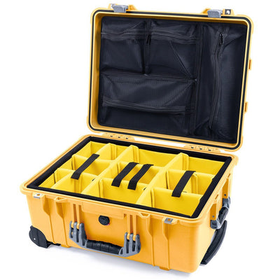 Pelican 1560 Case, Yellow with Silver Handles & Latches Yellow Padded Microfiber Dividers with Mesh Lid Organizer ColorCase 015600-0110-240-180