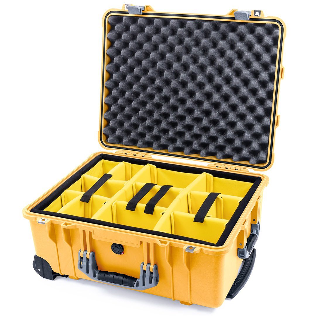 Pelican 1560 Case, Yellow with Silver Handles &amp; Latches Yellow Padded Microfiber Dividers with Convolute Lid Foam ColorCase 015600-0010-240-180