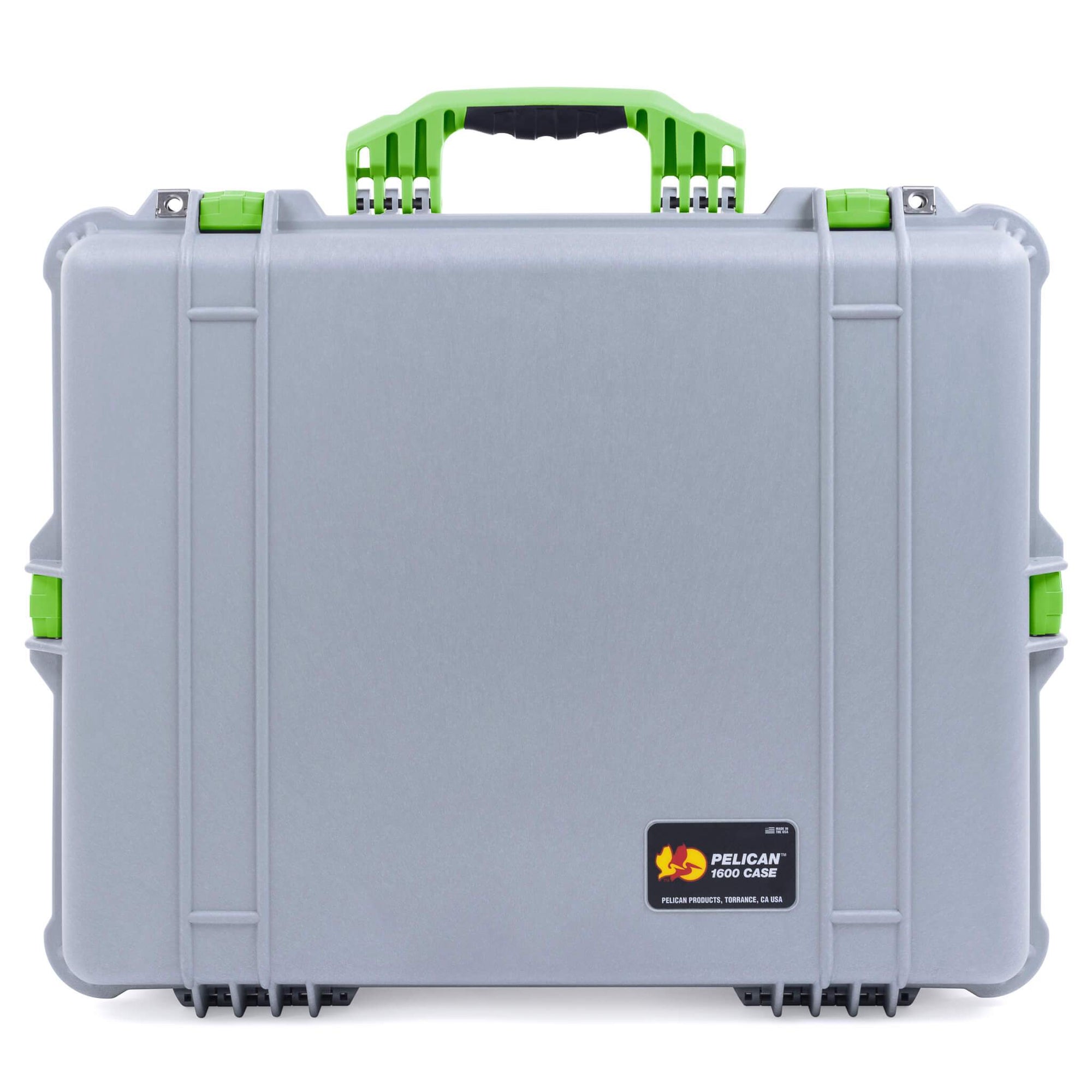 Pelican 1600 Case, Silver with Lime Green Handle & Latches ColorCase 