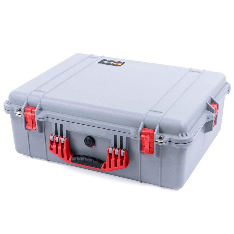 Pelican 1600 Case, Silver with Red Handle & Latches ColorCase 