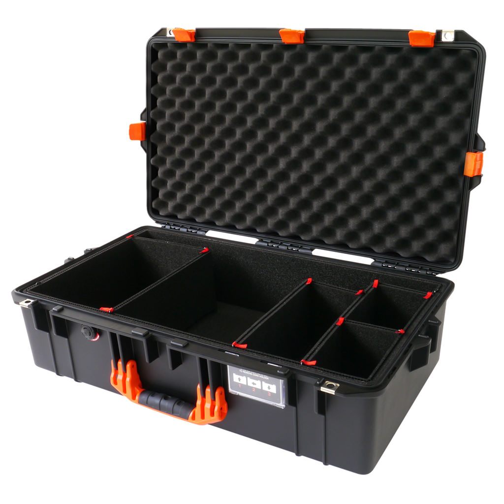 Pelican 1605 Air Case, Black with Orange Handle &amp; Latches TrekPak Divider System with Convolute Lid Foam ColorCase 016050-0020-110-150