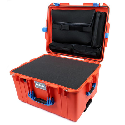 Pelican 1607 Air Case, Orange with Blue Handles & Latches Pick & Pluck Foam with Computer Pouch ColorCase 016070-0201-150-120