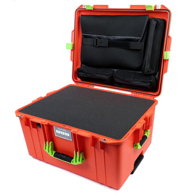 Pelican 1607 Air Case, Orange with Lime Green Handles & Latches Pick & Pluck Foam with Computer Pouch ColorCase 016070-0201-150-300