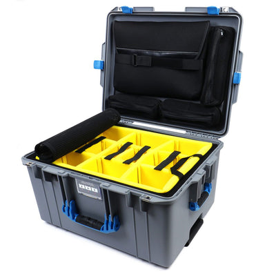 Pelican 1607 Air Case, Silver with Blue Handles & Latches 2-Layer Yellow Padded Microfiber Dividers with Computer Pouch ColorCase 016070-0210-180-120