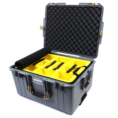 Pelican 1607 Air Case, Silver with Desert Tan Handles & Latches 2-Layer Yellow Padded Microfiber Dividers with Convolute Lid Foam ColorCase 016070-0010-180-310