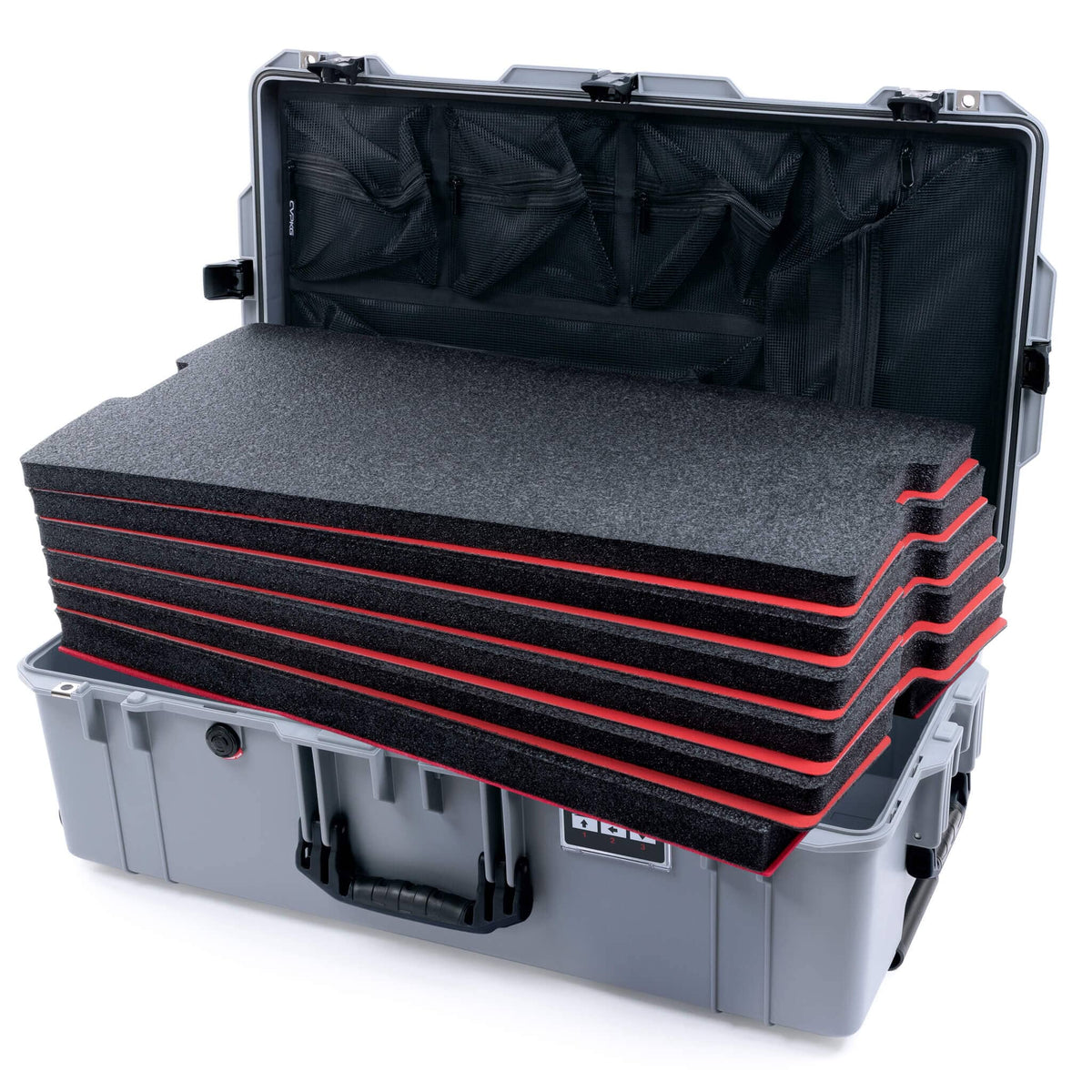 Pelican 1615 Air Case, Silver, TSA Locking Latches Custom Tool Kit (6 Foam Inserts with Mesh Lid Organizer) ColorCase 016150-0160-180-L10