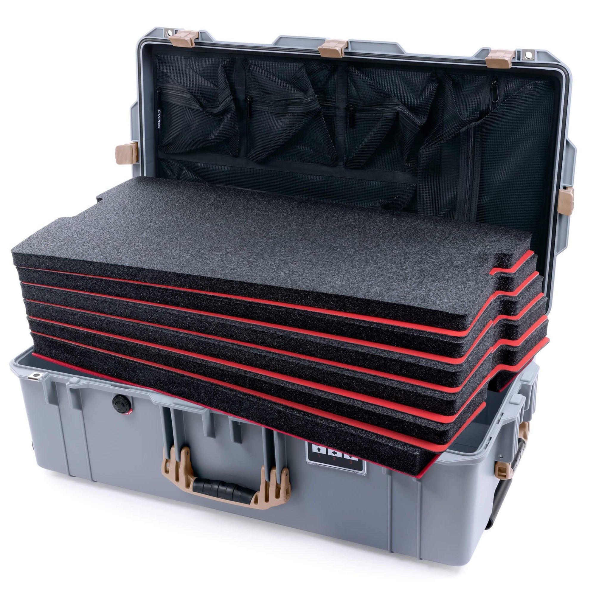 Pelican 1615 Air Case, Silver with Desert Tan Handles & Latches Custom Tool Kit (6 Foam Inserts with Convoluted Lid Foam) ColorCase 016150-0060-180-310