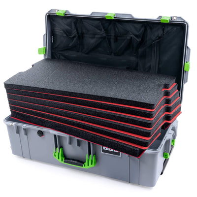 Pelican 1615 Air Case, Silver with Lime Green Handles & Latches Custom Tool Kit (6 Foam Inserts with Mesh Lid Organizer) ColorCase 016150-0160-180-300