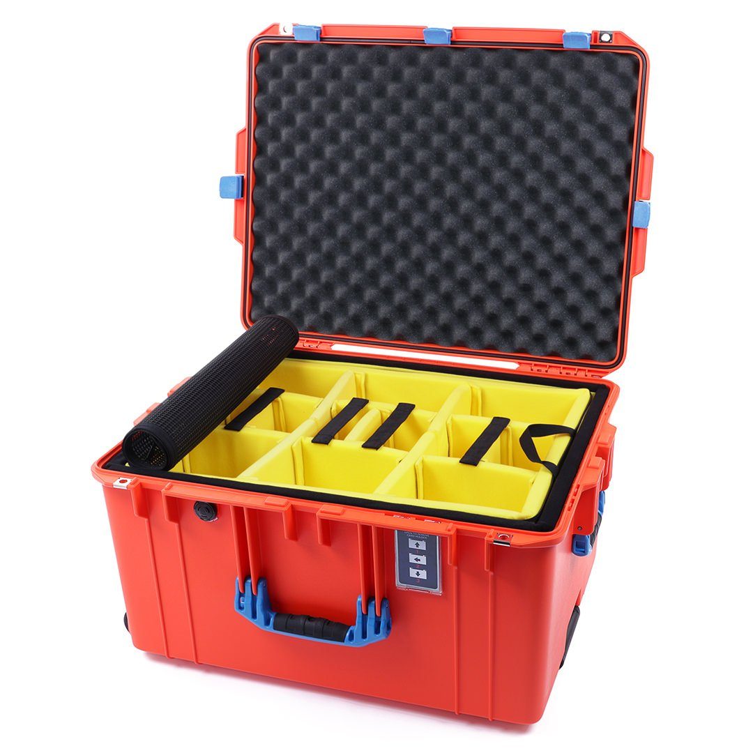 Pelican 1637 Air Case, Orange with Blue Handles &amp; Latches 2-Layer Yellow Padded Microfiber Dividers with Convolute Lid Foam ColorCase 016370-0010-150-120